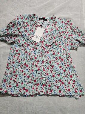 Zara White Pink Green Rose Floral Ruffled Blouse Top Button Down